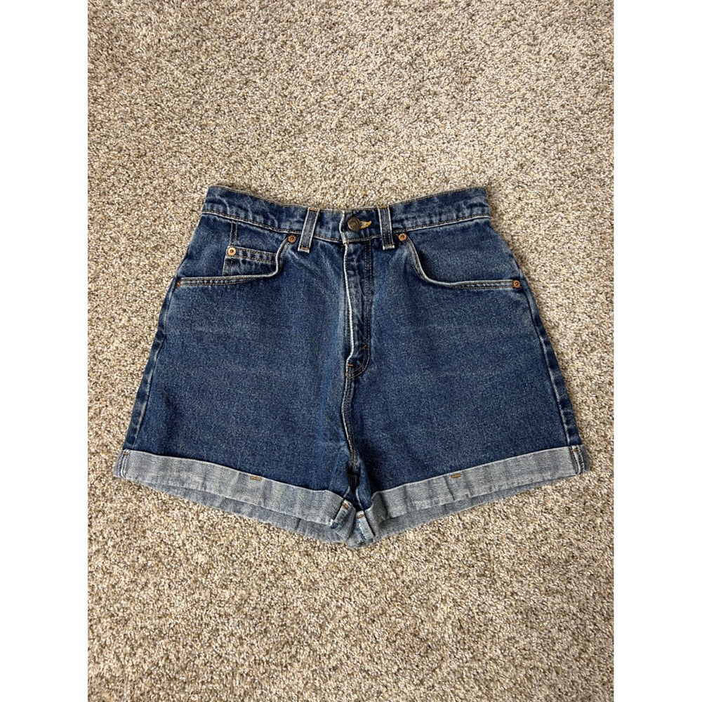 Vintage Levis 954 Orange Tab Denim Shorts Made in USA Dark Wash Cuffed 7 25W